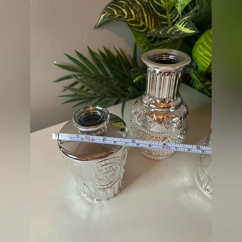 Silver Chrome Textured Glass Vases with Ornate Accents, Bud vase, Small vase